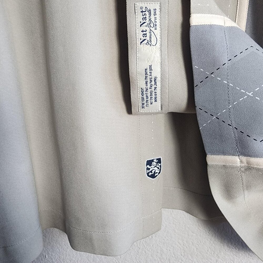 Nat Nast Shirt Mens XL Beige Gray Silk Camp Bowling Argyle Panel Short Sleeve - Picture 7 of 12